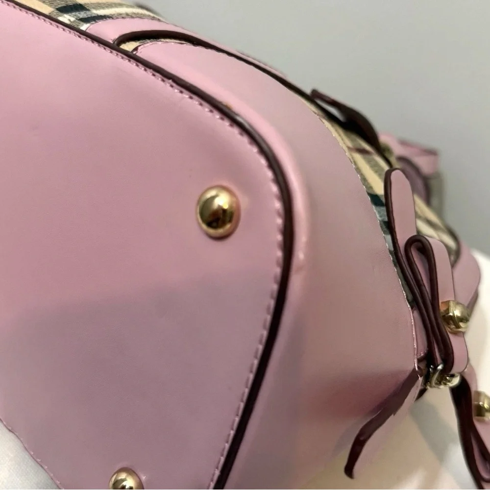 Plaid Dome Satchel Shoulder Bag Coated Canvas Pink Faux Leather Trim